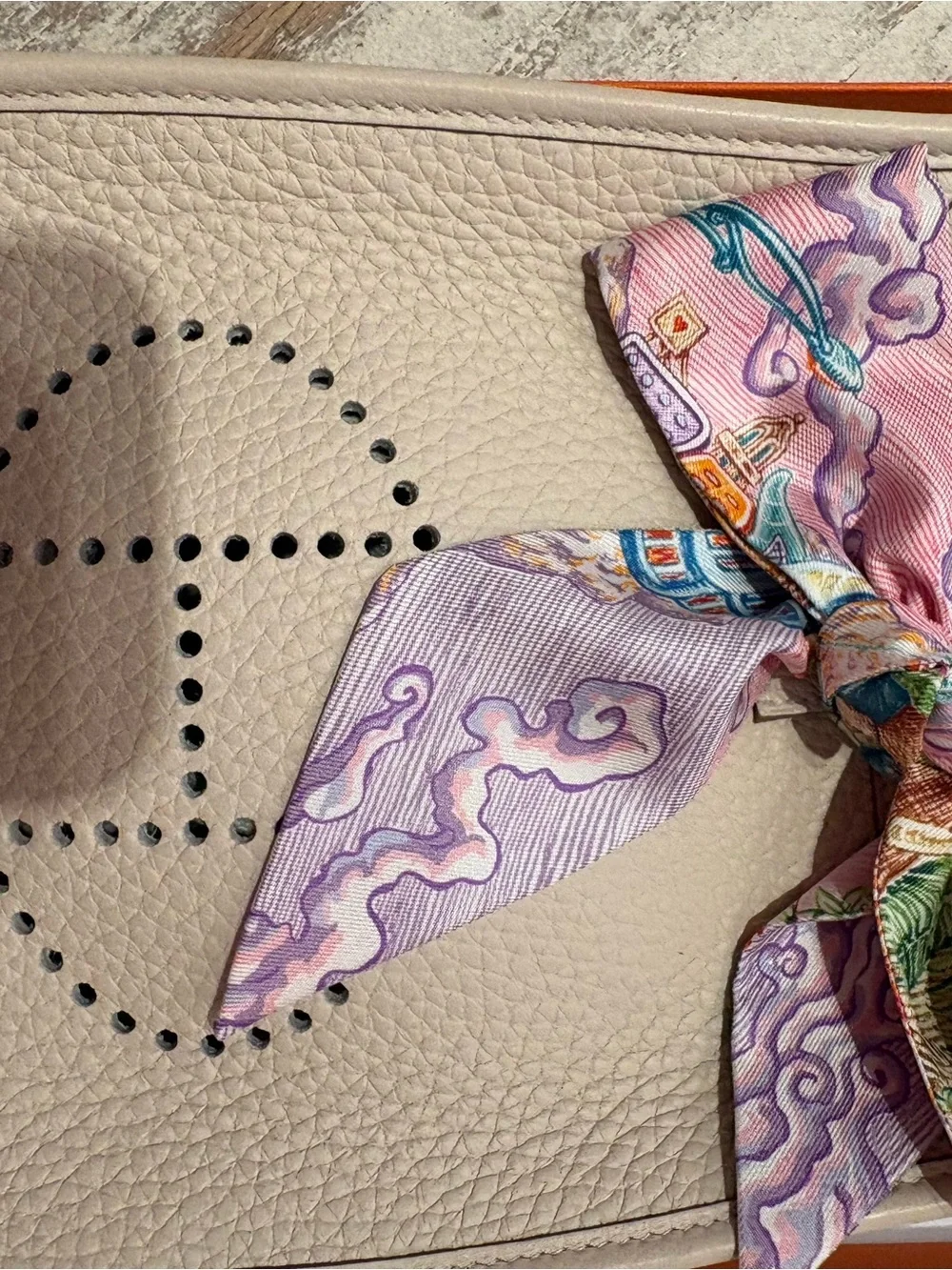 Hermes Cream Pebbled Leather Crossbody with Pink Scarf Accent